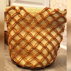 Tan and Brown Woven Tote with Textured Handles